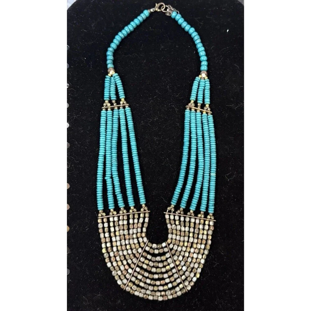 Multi Layered Metal Bead Turquoise Color Bead Bib Necklace 18.5”